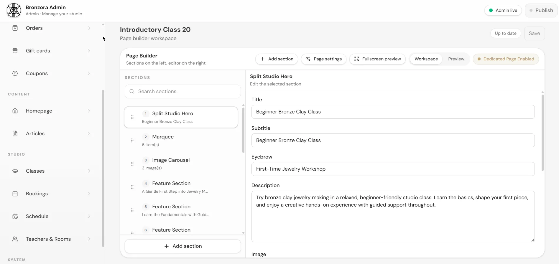 Admin page builder for composing structured website pages with modular content sections