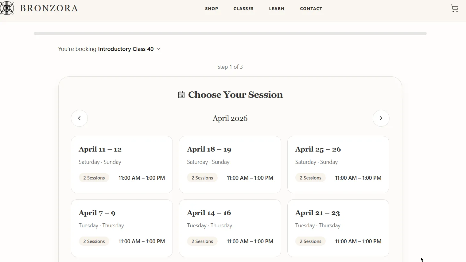 Workshop booking interface showing multi-session bundle options with predefined class schedules