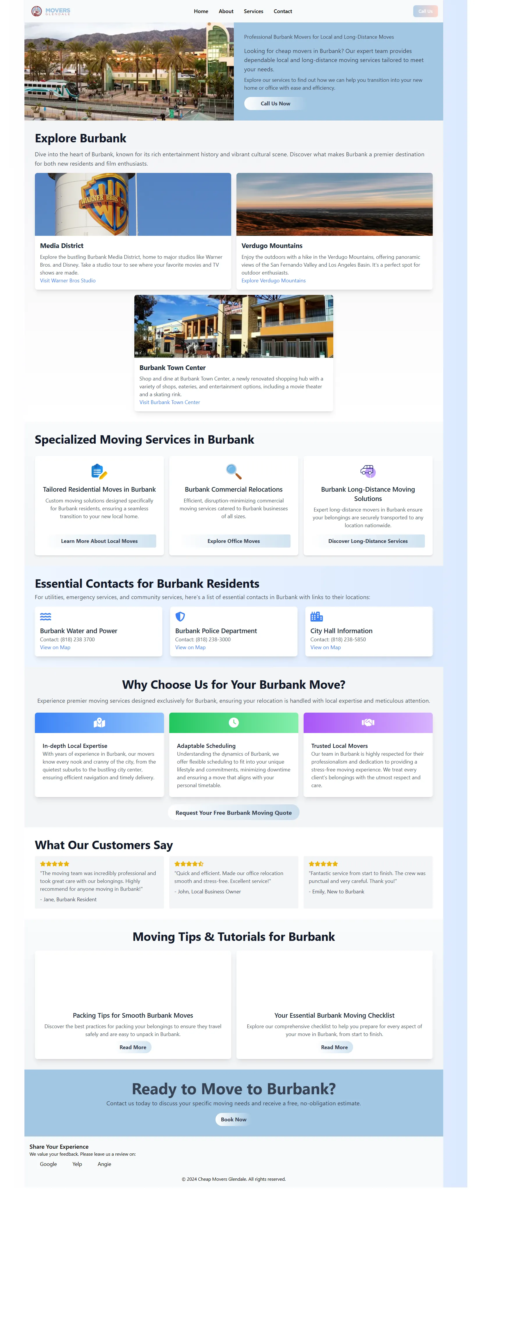 Burbank movers location page optimized for local SEO with service coverage and area-specific content