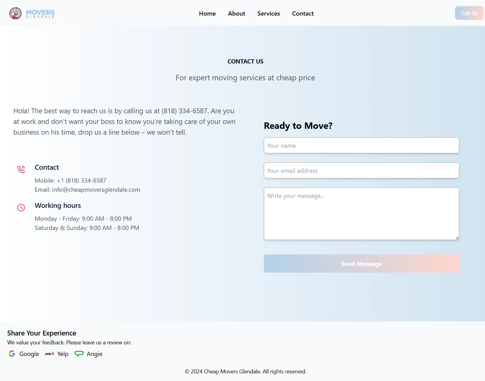 Moving quote contact form for Cheap Movers Glendale designed for fast lead capture and minimal friction
