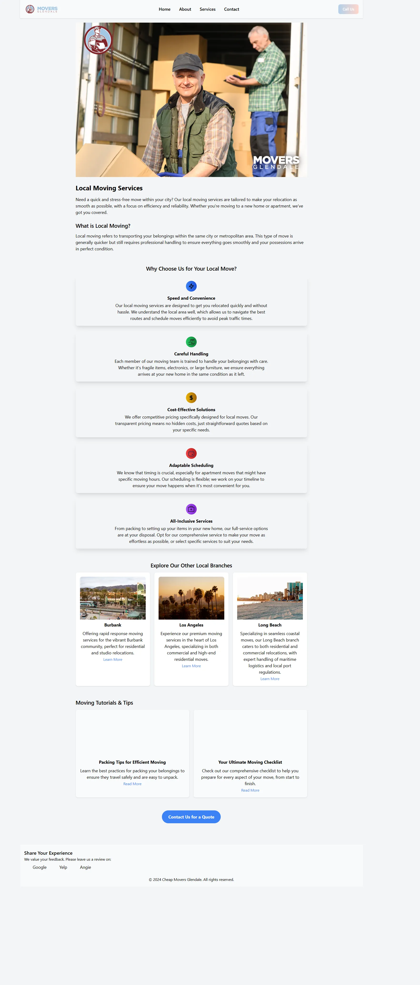 Local moving service page targeting residential moves in Glendale with structured content and service details