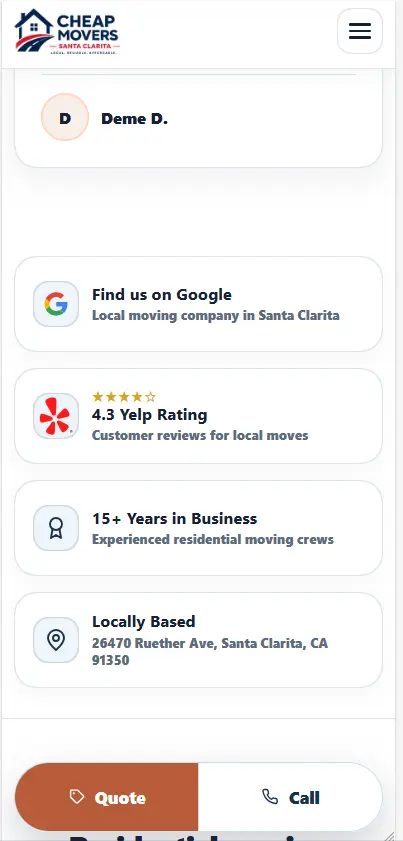 Mobile version of the Cheap Movers Santa Clarita landing page with responsive content and conversion-focused navigation