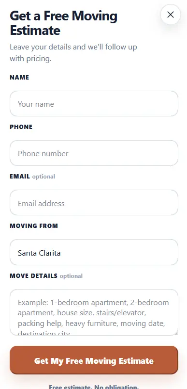 Mobile moving quote form for Cheap Movers Santa Clarita with streamlined lead capture fields