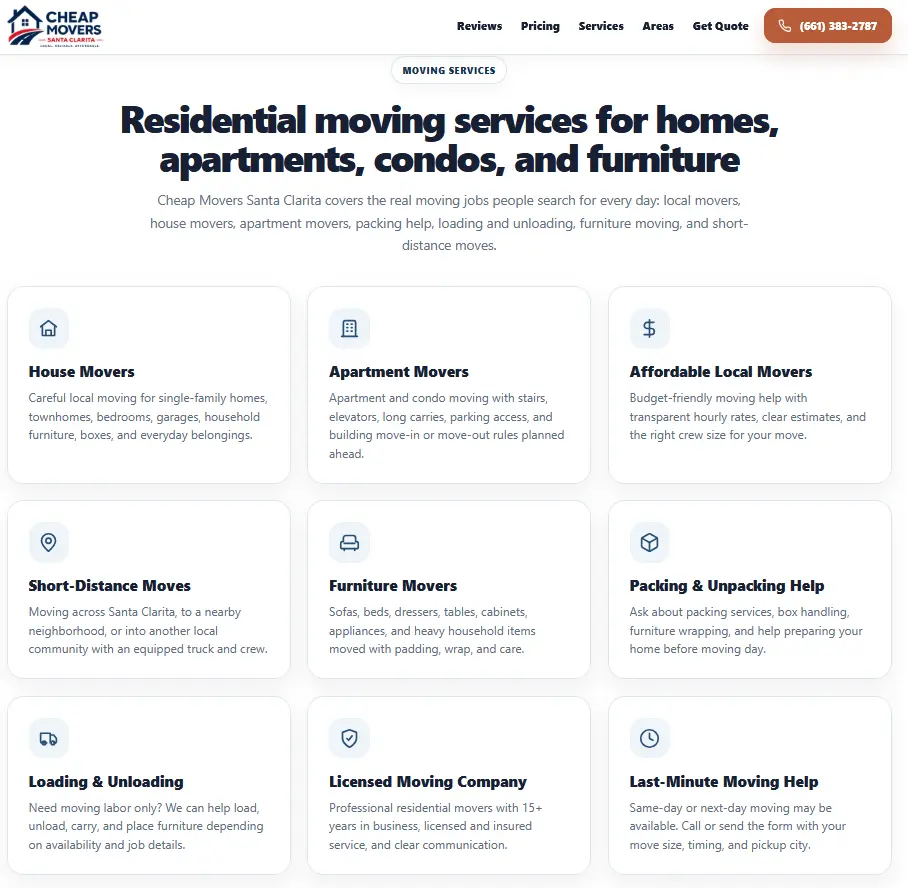 Santa Clarita moving company pricing and services presented in a clear conversion-focused layout
