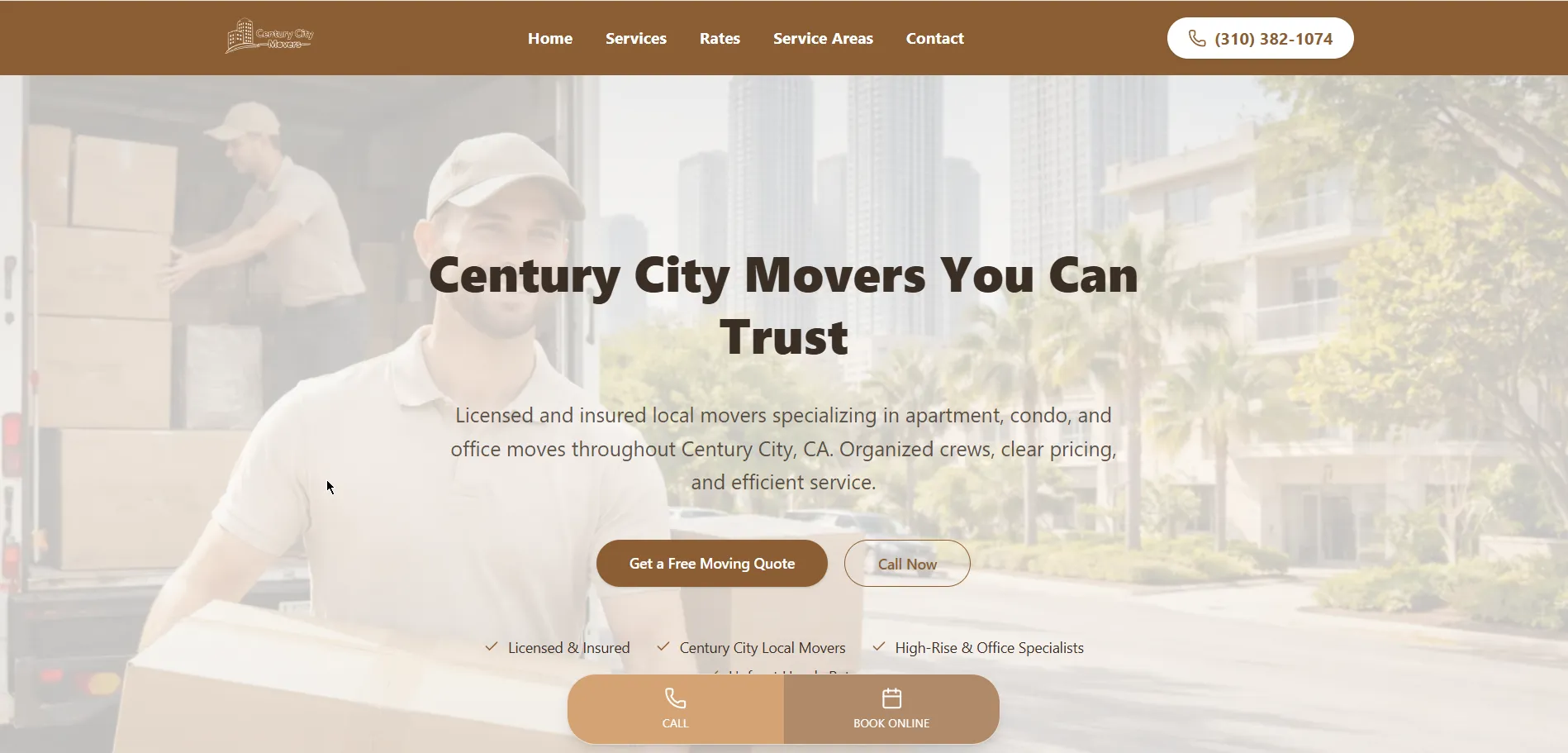 Century City movers website homepage targeting local moving services with location-specific messaging
