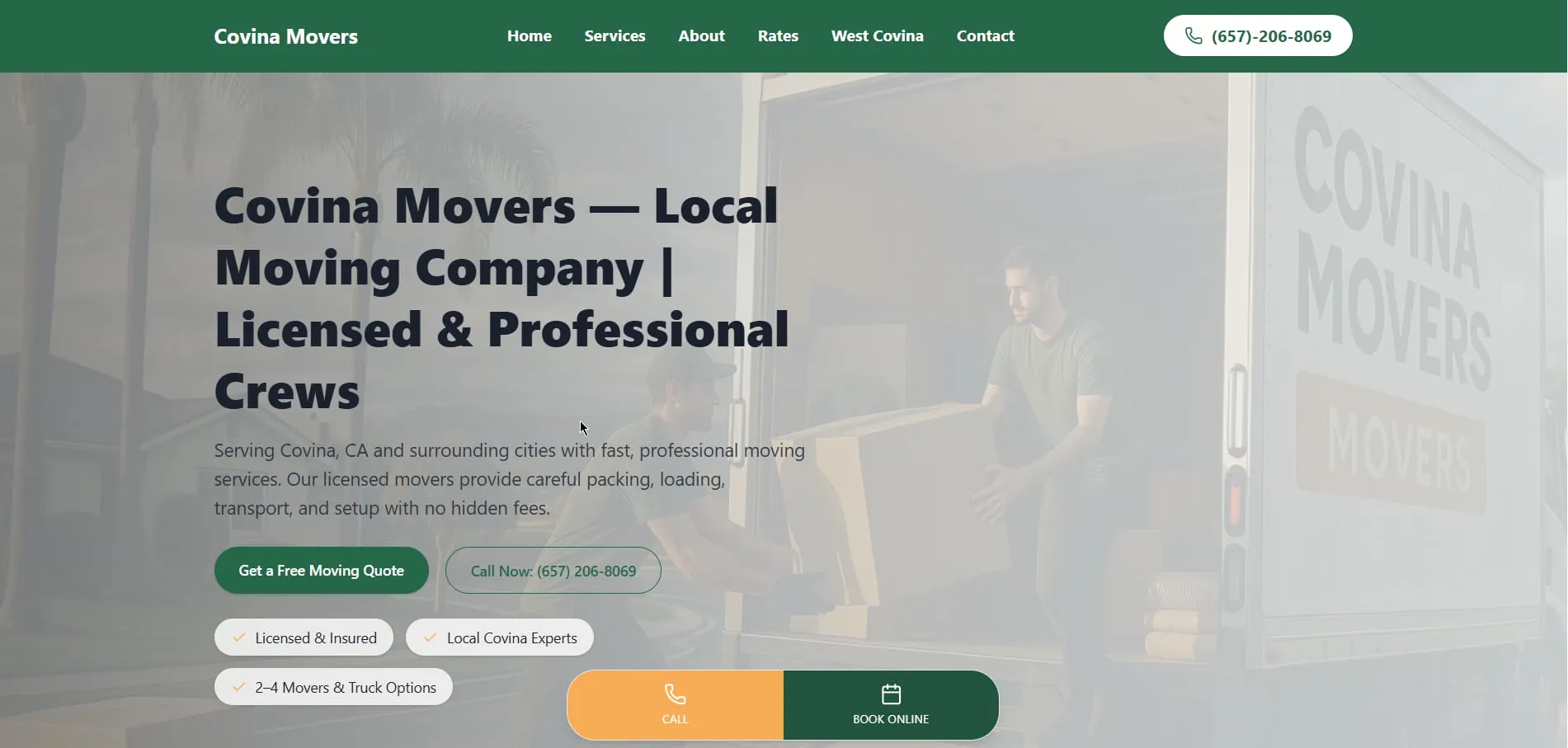 Covina moving company homepage built for local SEO rankings and lead generation