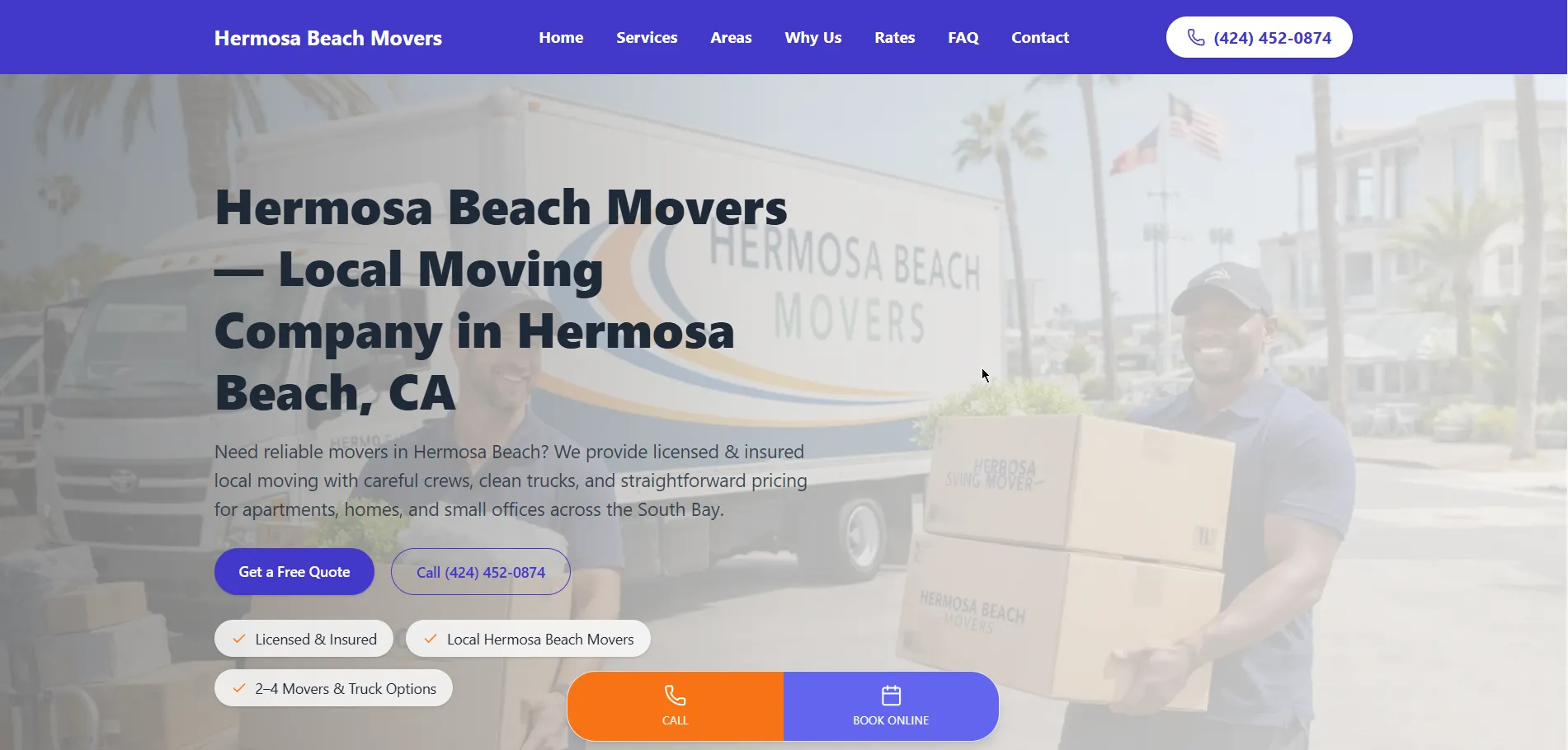 Hermosa Beach movers homepage with service-based layout and strong call-to-action for local leads