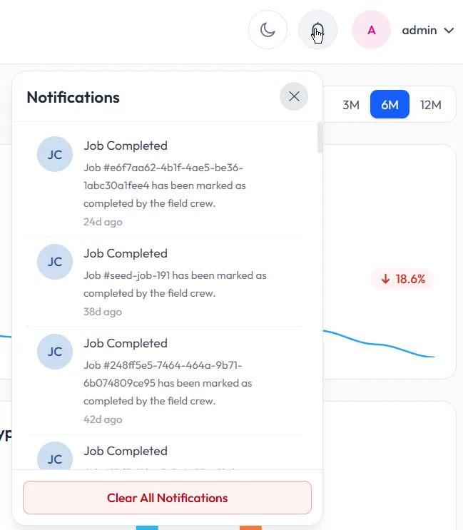 Event and notification system showing moving job updates and operational alerts