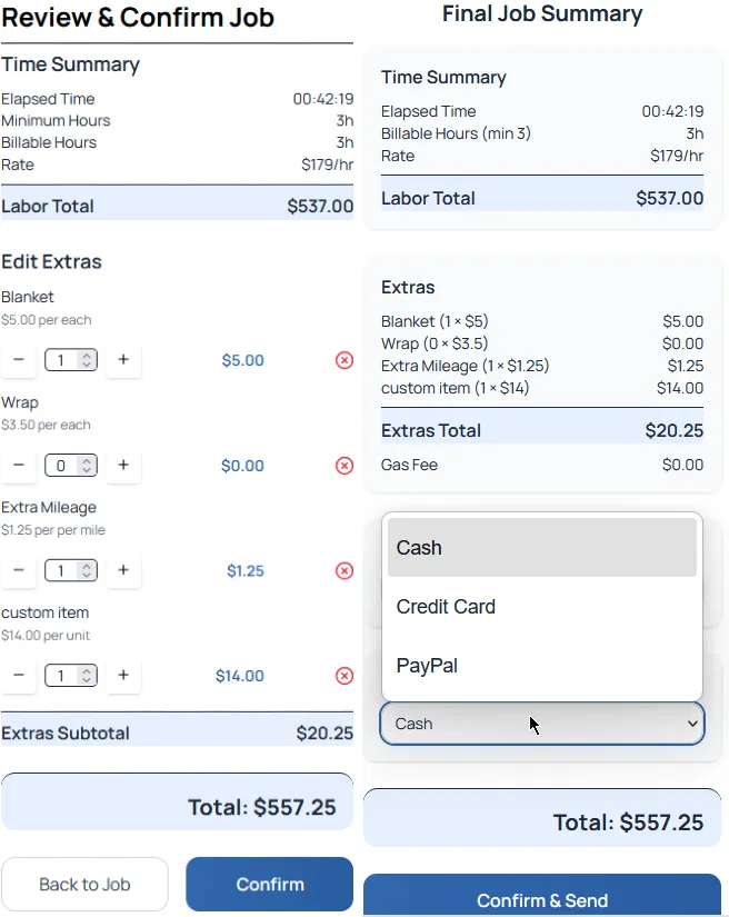 Final billing and payment summary screen for completed moving jobs
