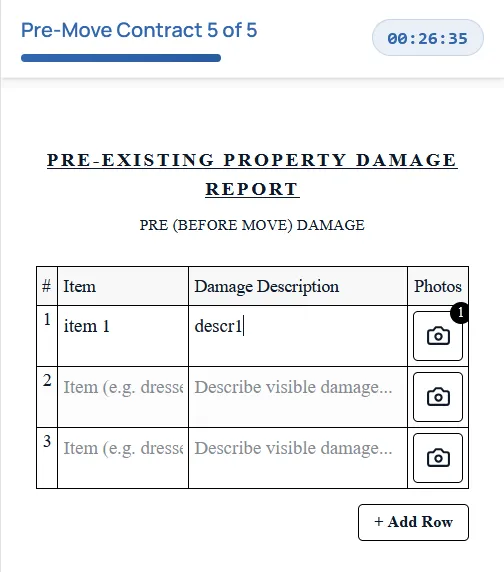 Mobile damage recording interface for documenting issues during a moving job