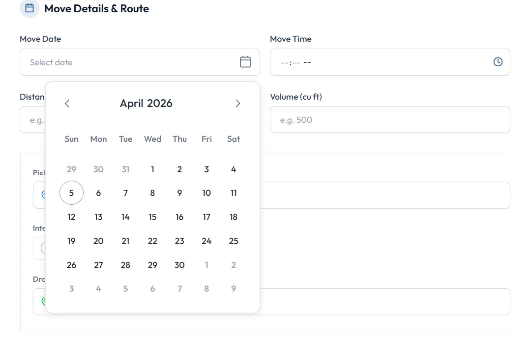 Job creation calendar for moving company scheduling and crew planning