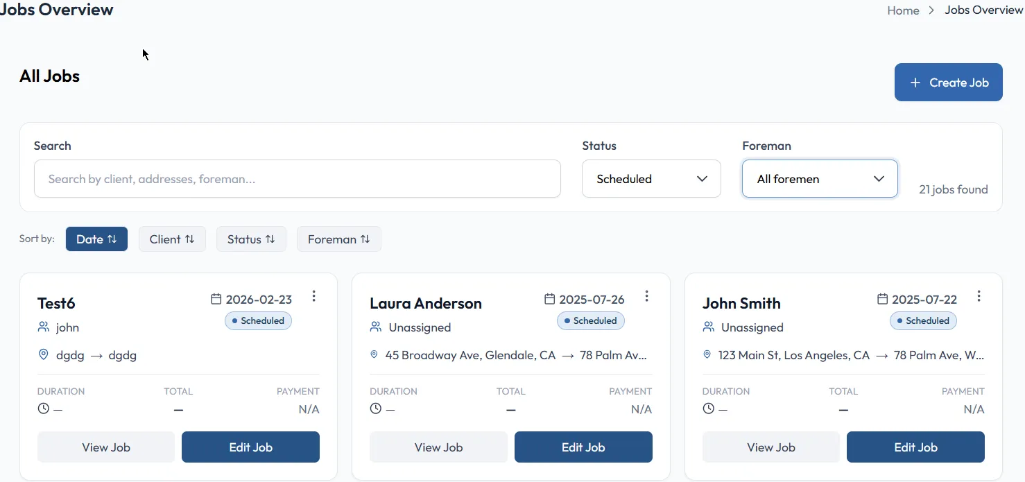 Moving job overview screen with customer details, scheduling, and contract context